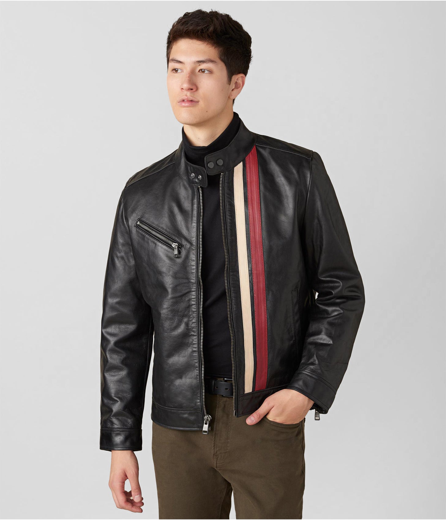 Men's Black Leather Moto Jacket with Stripes