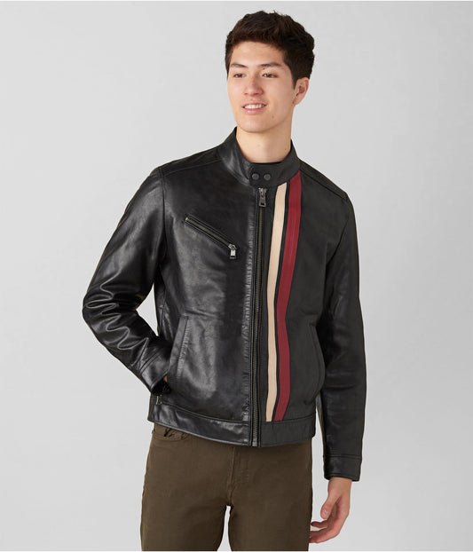 Men's Black Leather Moto Jacket with Stripes