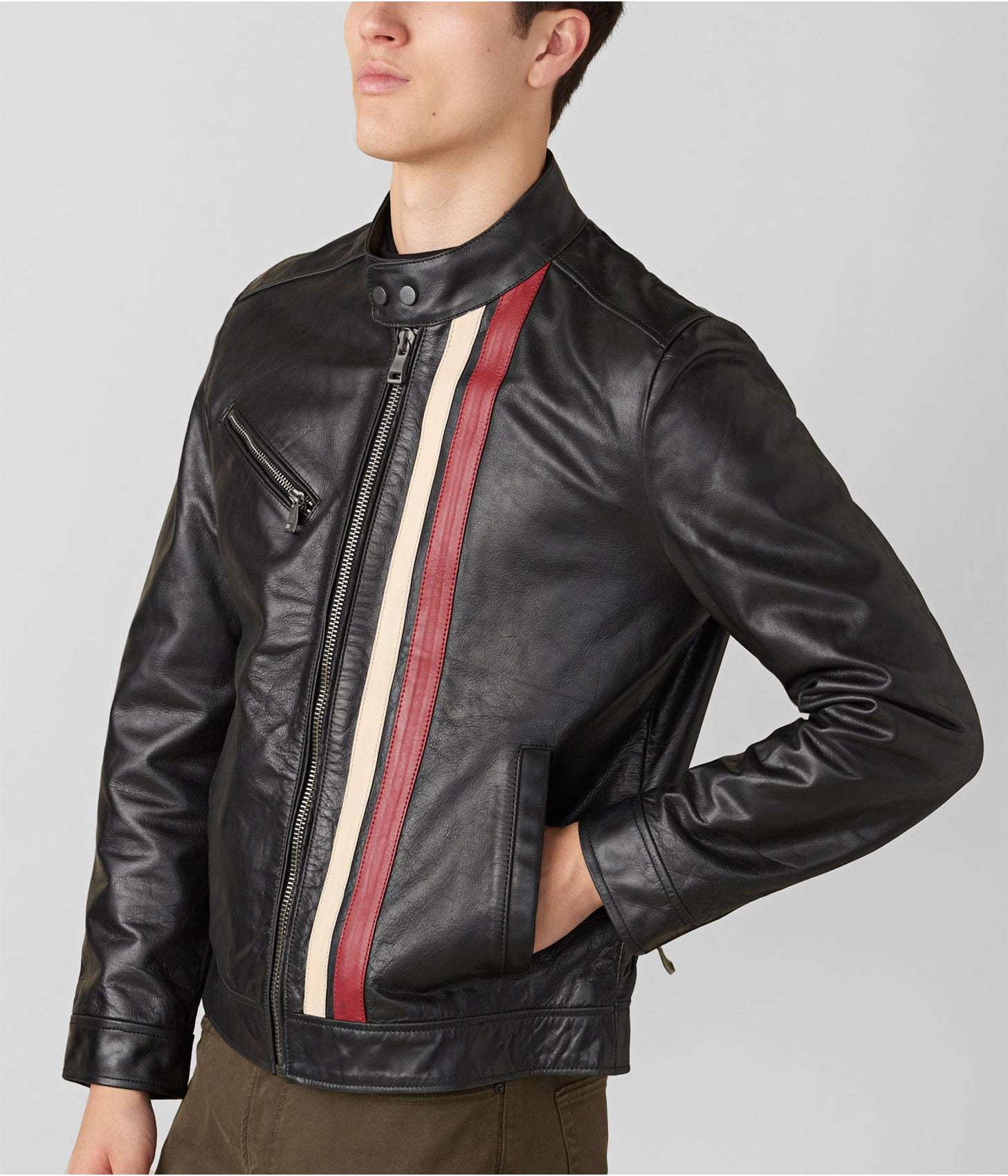 Men's Black Leather Moto Jacket with Stripes