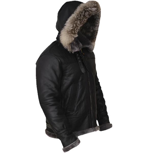 Men's Black Shearling Jacket With Hoodie