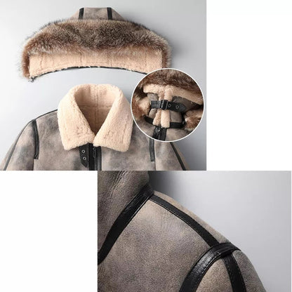 Men's Gray Shearling Leather Coat with Removable Hood