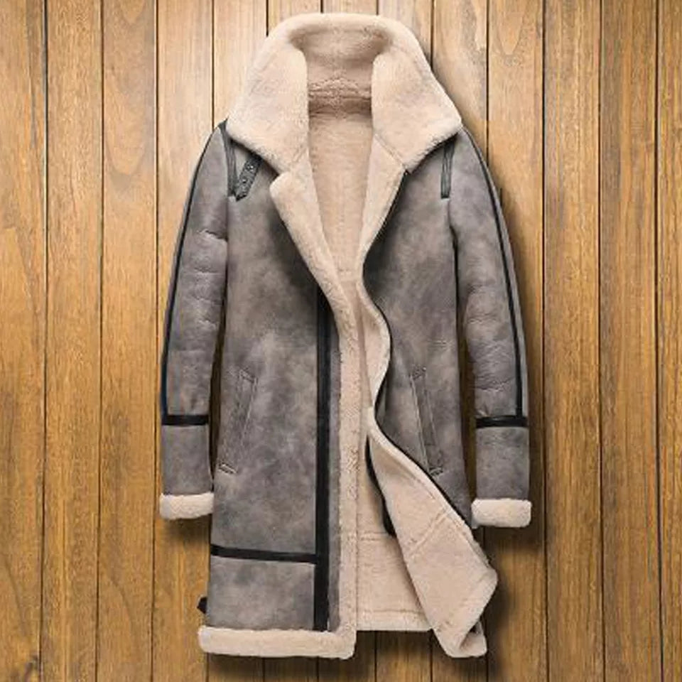 Men's Gray Shearling Leather Coat with Removable Hood