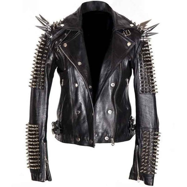 Avanzar Men's Black Leather Longline Jacket with Silver Spikes