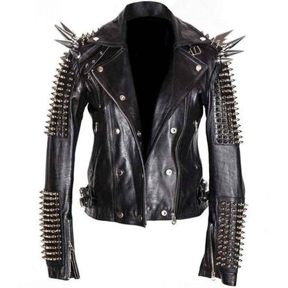 Avanzar Men's Black Leather Longline Jacket with Silver Spikes