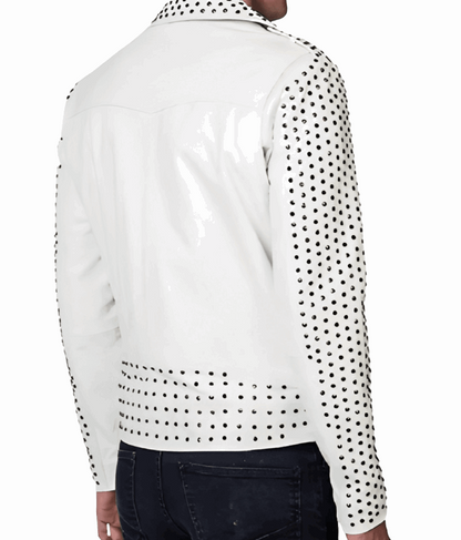 Men's White Studded Biker Leather Jacket