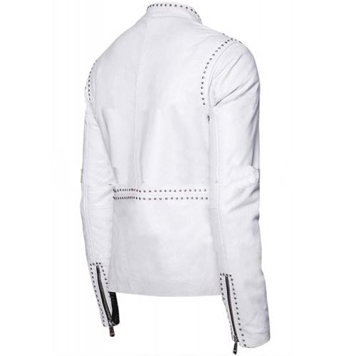Men’s White Studded Brando Leather Biker Jacket by Avanzar Leather