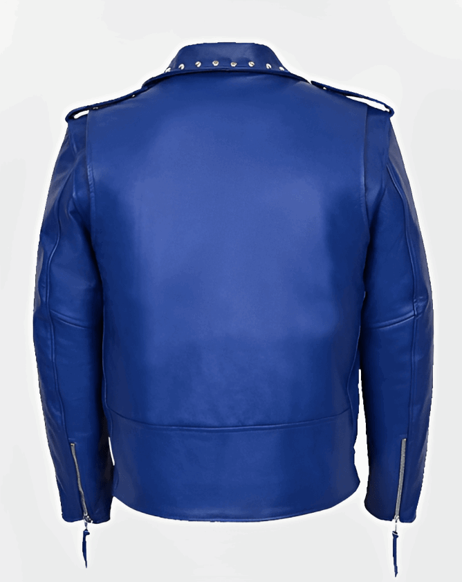 Men's Blue Studded Leather Biker Jacket by Avanzar