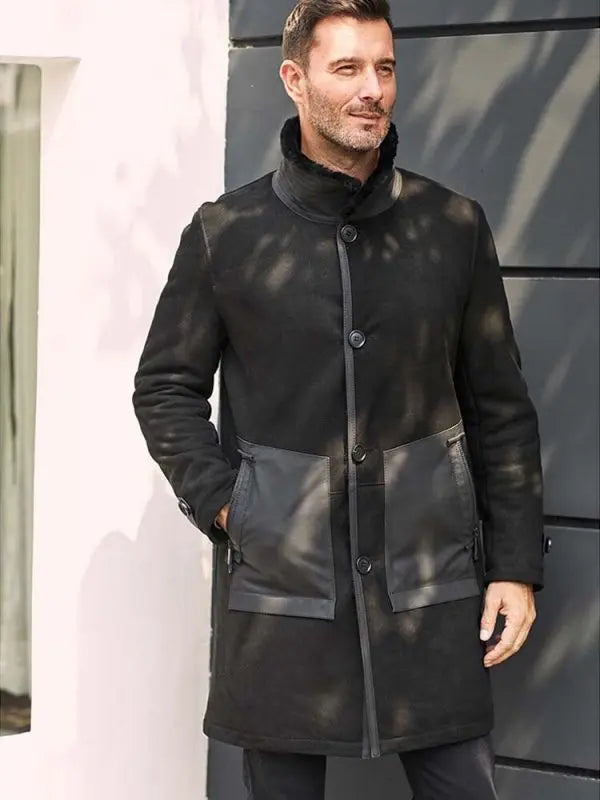 Men's Black Suede Leather Shearling Coat