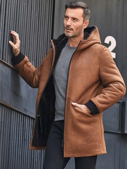 Men's Brown Leather Shearling Coat with Hood