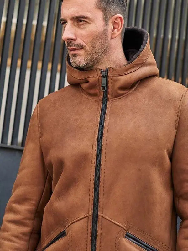 Men's Brown Leather Shearling Coat with Hood