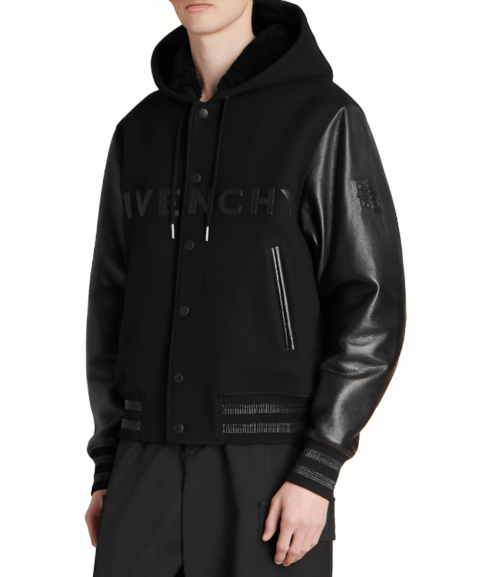 Men's Black Varsity Bomber Leather Jacket with Hood by Avanzar