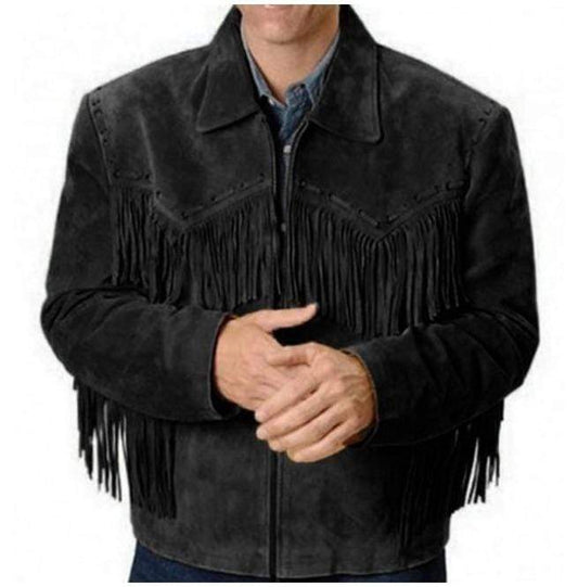 Men’s Black Western Suede Jacket - Fringe & Bead Cowboy Style