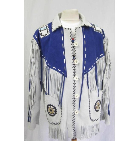 Western Suede Jacket with Fringes & Beads - Native American Cowboy Style