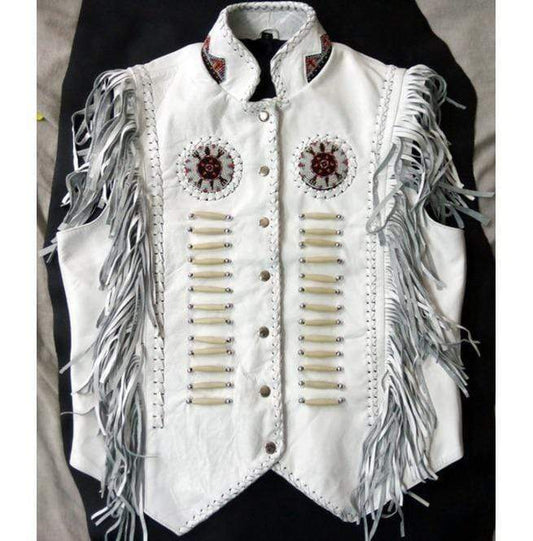 Handmade White Western Cowboy Fringe Leather Jacket