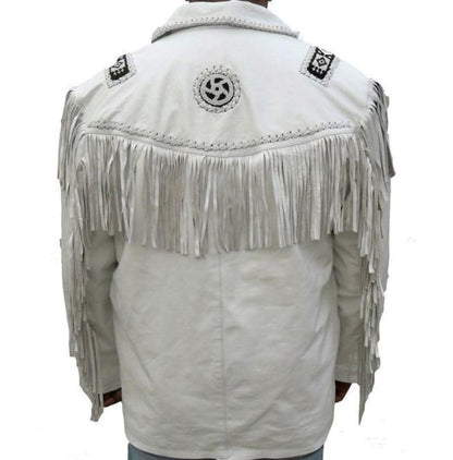 Handmade White Cowboy Fringe Leather Jacket - Men’s Western Style