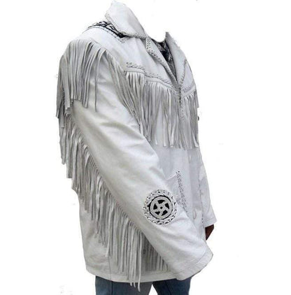 Handmade White Cowboy Fringe Leather Jacket - Men’s Western Style