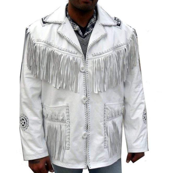 Handmade White Cowboy Fringe Leather Jacket - Men’s Western Style