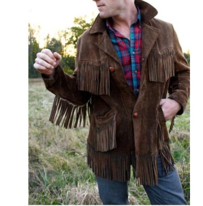 Men’s Dark Brown Western Suede Jacket with Fringe - Cowboy Style