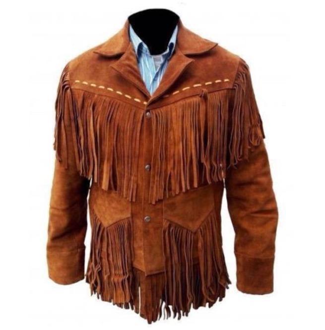 Men’s Tan Western Suede Jacket - Cowboy Fringe Style