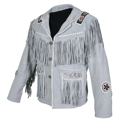 Men’s White Western Cowboy Suede Leather Jacket - Fringe Details