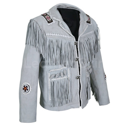 Men’s White Western Cowboy Suede Leather Jacket - Fringe Details