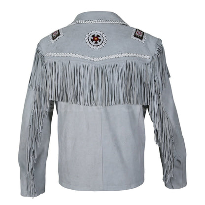 Men’s White Western Cowboy Suede Leather Jacket - Fringe Details