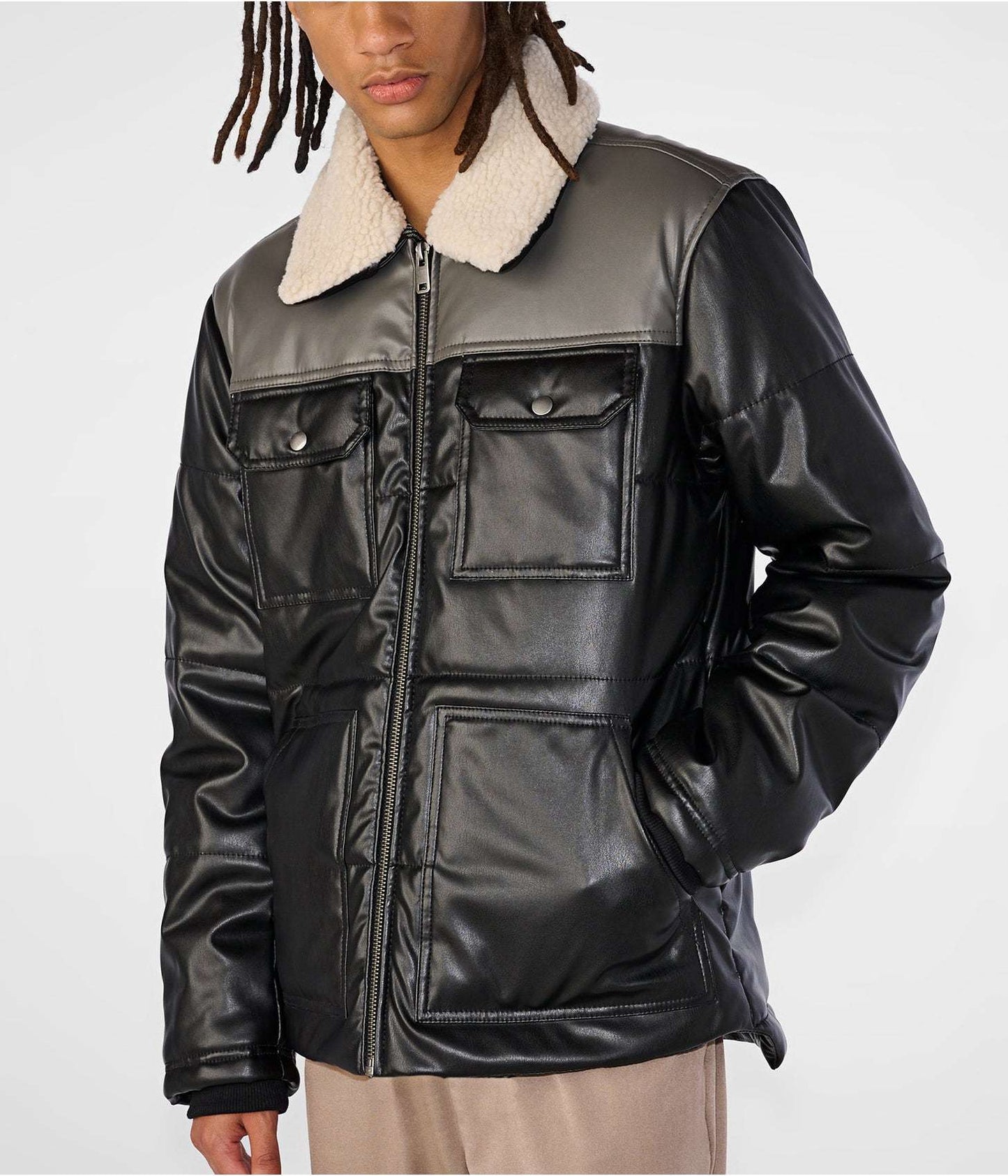 Men's Black & Gray Leather Puffer Jacket with Removable Shearling Collar