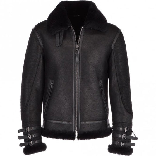 Men's Black Aviator Flying Bomnber Shearling Leather Jacket by Avanzar