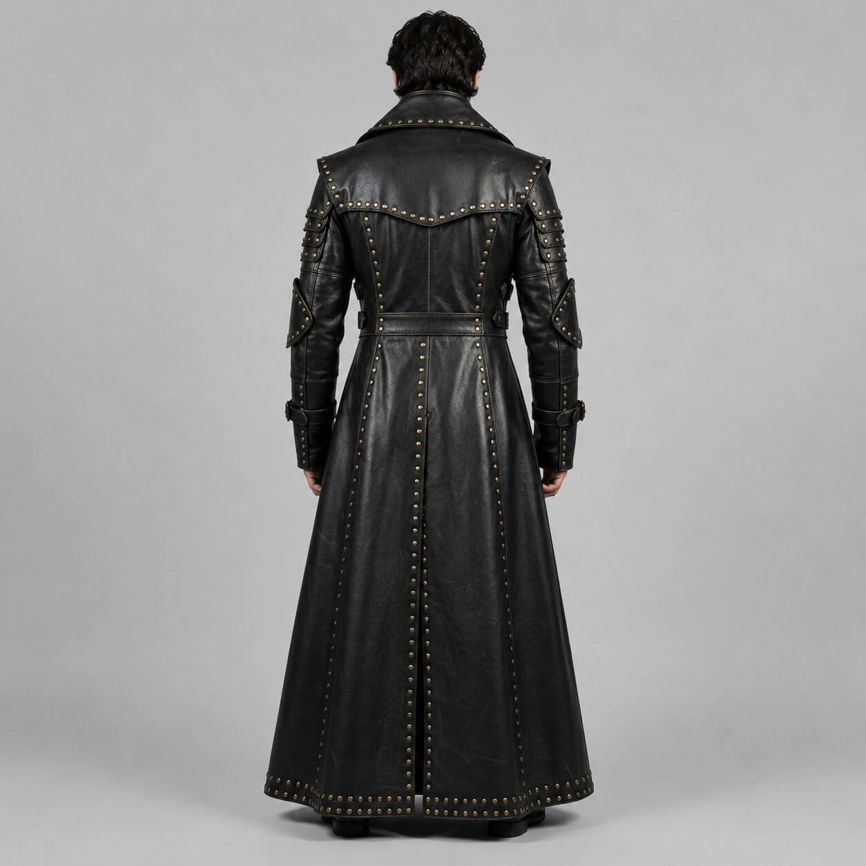 Men Black Genuine Cowhide Leather Gothic Trench Coat With Studded Buckle Detail by avanzar leather