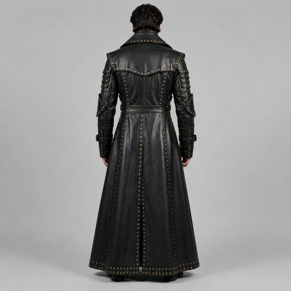 Men Black Genuine Cowhide Leather Gothic Trench Coat With Studded Buckle Detail by avanzar leather