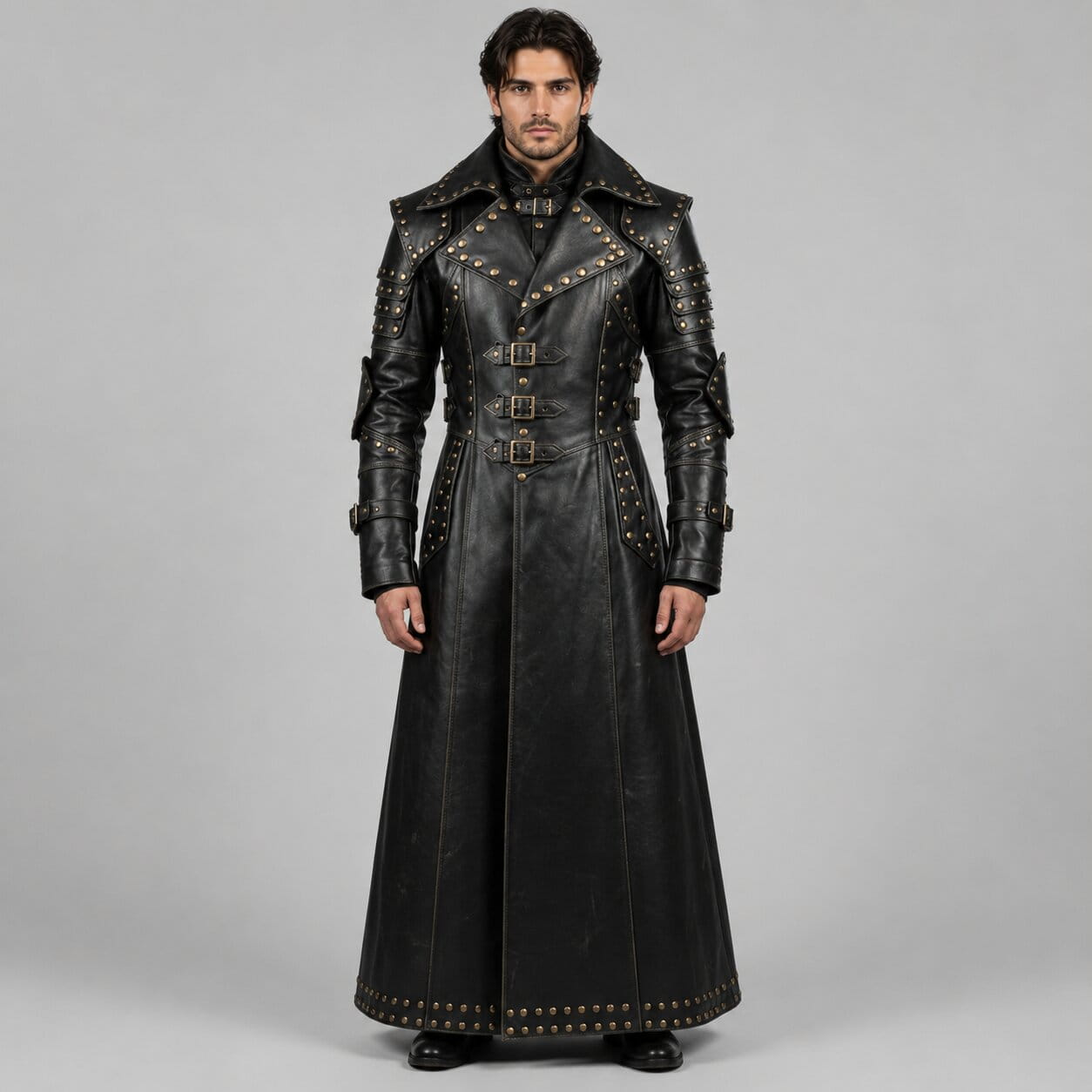Men Black Genuine Cowhide Leather Gothic Trench Coat With Studded Buckle Detail by avanzar leather