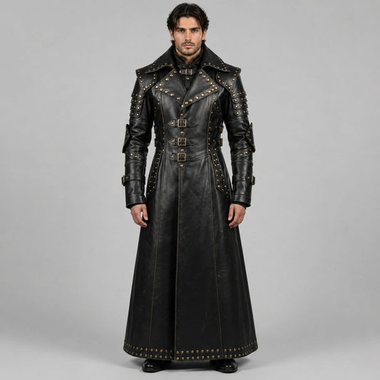 Men Black Genuine Cowhide Leather Gothic Trench Coat With Studded Buckle Detail by avanzar leather