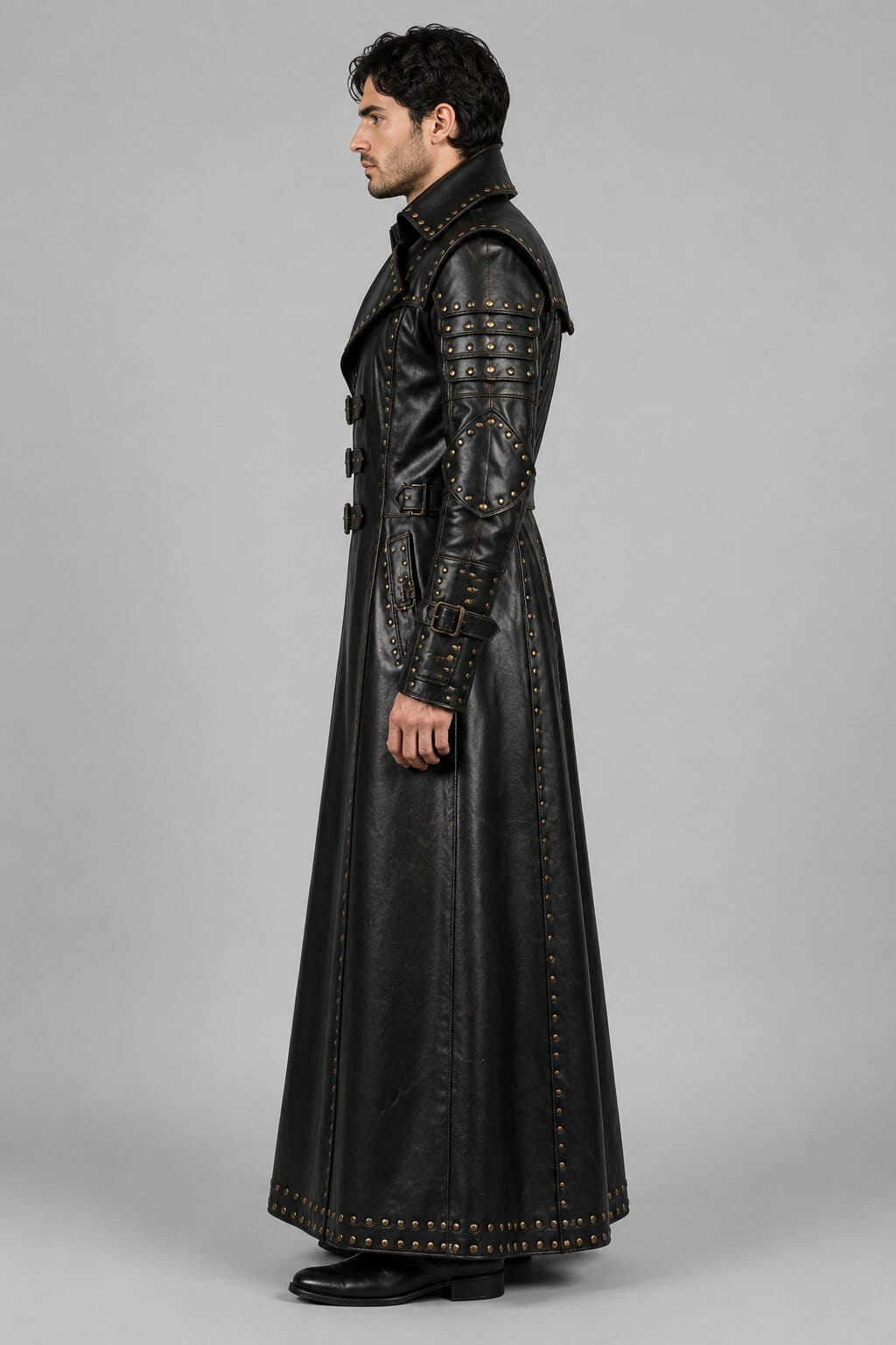 Men Black Genuine Cowhide Leather Gothic Trench Coat With Studded Buckle Detail by avanzar leather
