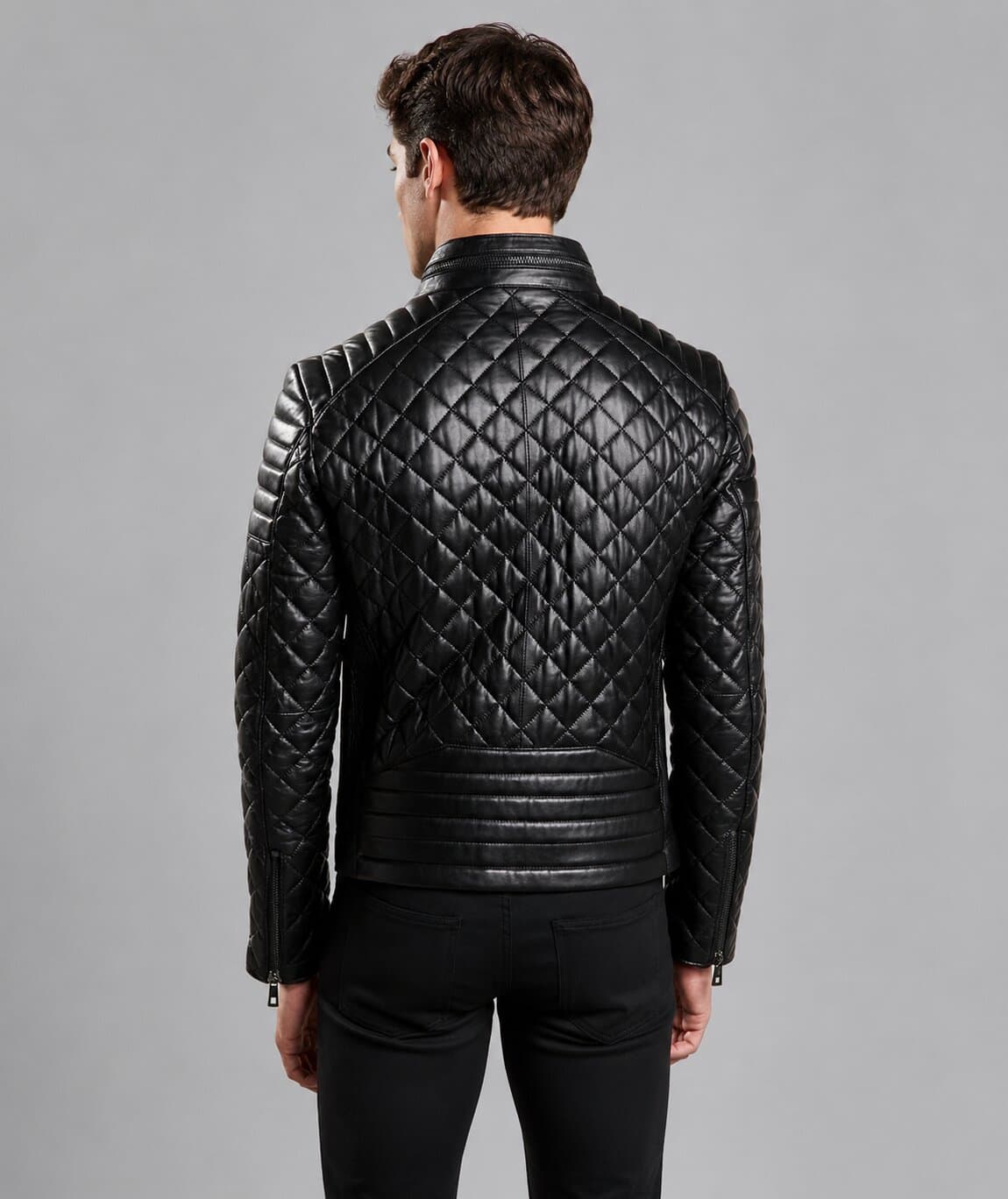 Ride In Style With A Men Black Quilted Leather Moto Jacket back view by avanzar leather