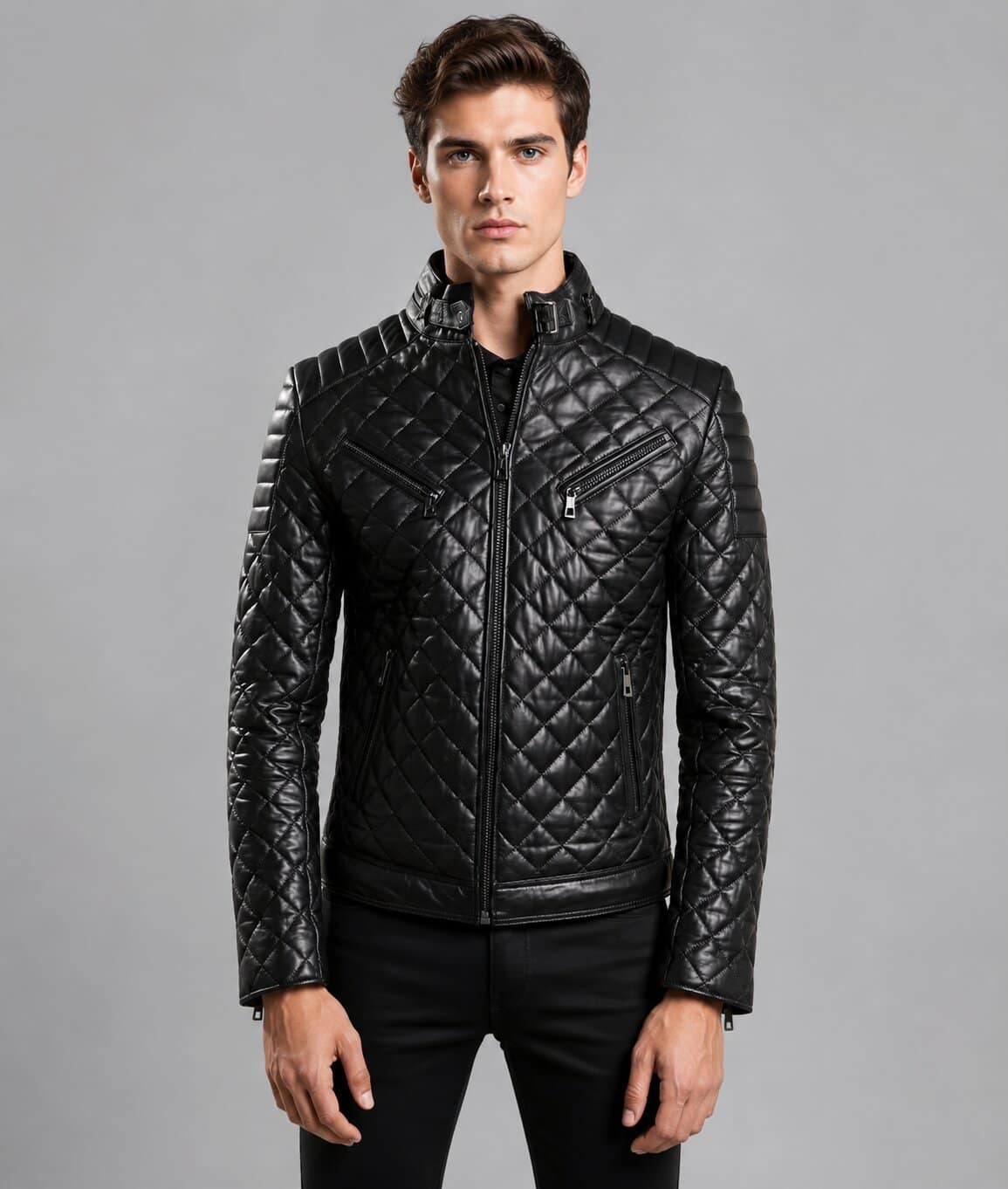 Ride In Style With A Men Black Quilted Leather Moto Jacket front view by avanzar leather
