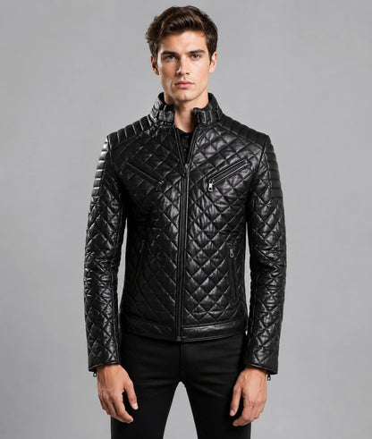 Ride In Style With A Men Black Quilted Leather Moto Jacket front view by avanzar leather