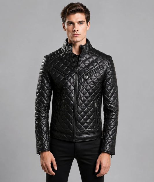 Ride In Style With A Men Black Quilted Leather Moto Jacket front view by avanzar leather