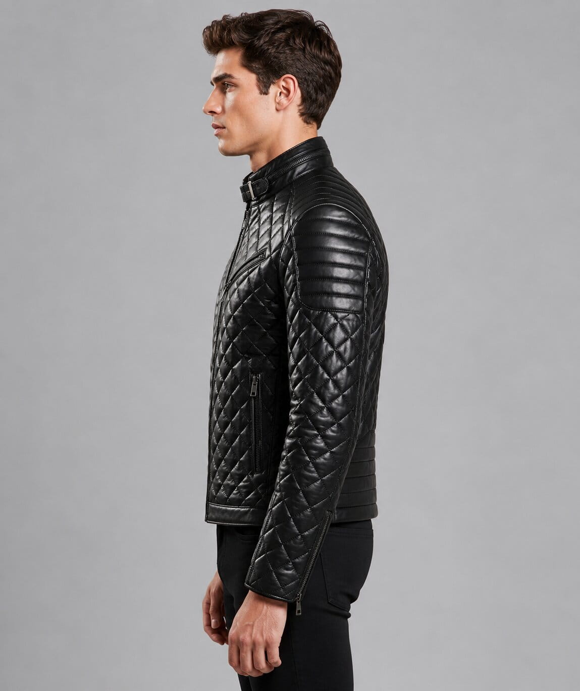 Ride In Style With A Men Black Quilted Leather Moto Jacket sid view by avanzar leather