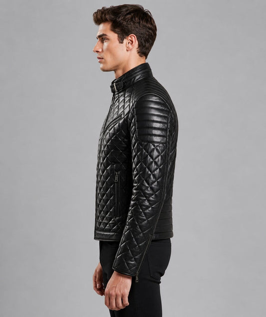Ride In Style With A Men Black Quilted Leather Moto Jacket sid view by avanzar leather