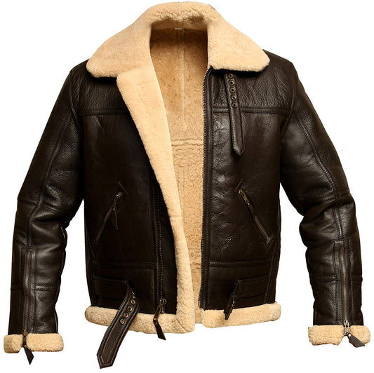 Men's Brown B3 RAF Aviator Bomber Shearling Real Sheepskin Leather Jacket