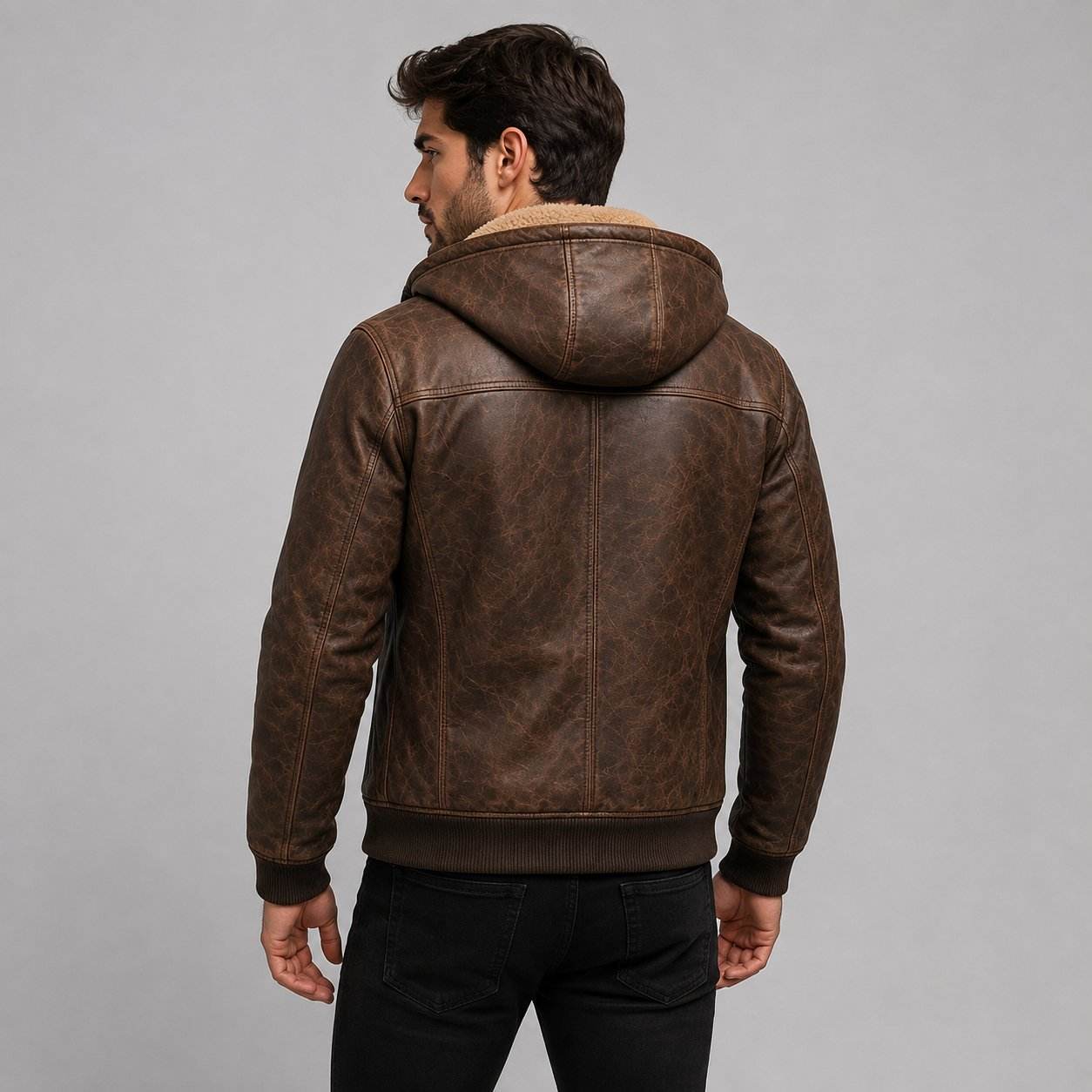 Men Brown Genuine Leather Hooded Bomber Jacket – Premium Winter Coat back view by avanzar leather