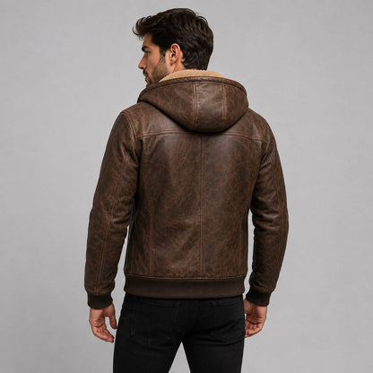 Men Brown Genuine Leather Hooded Bomber Jacket – Premium Winter Coat back view by avanzar leather