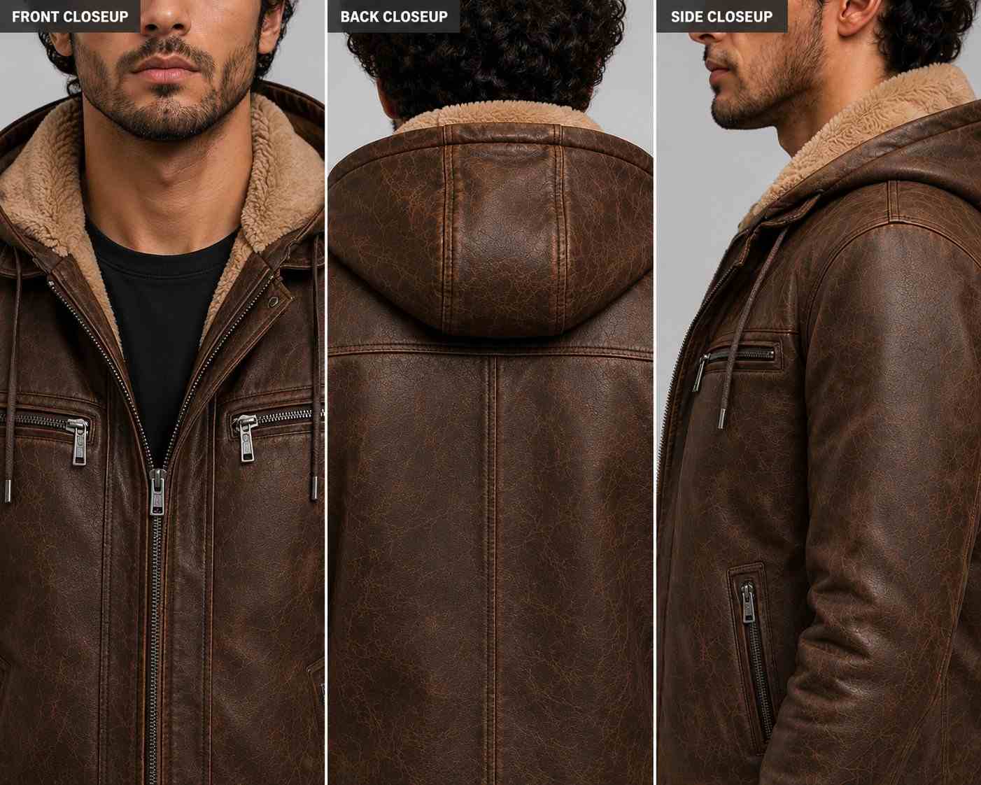 Men Brown Genuine Leather Hooded Bomber Jacket – Premium Winter Coat closeup view by avanzar leather