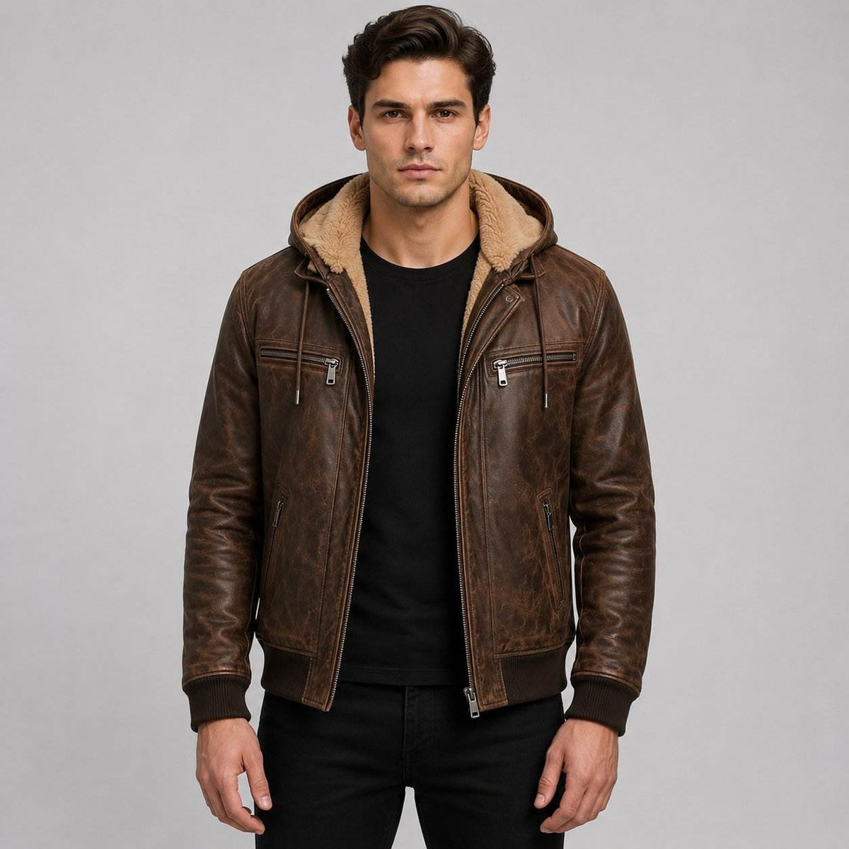 Men Brown Genuine Leather Hooded Bomber Jacket – Premium Winter Coat front view by avanzar leather
