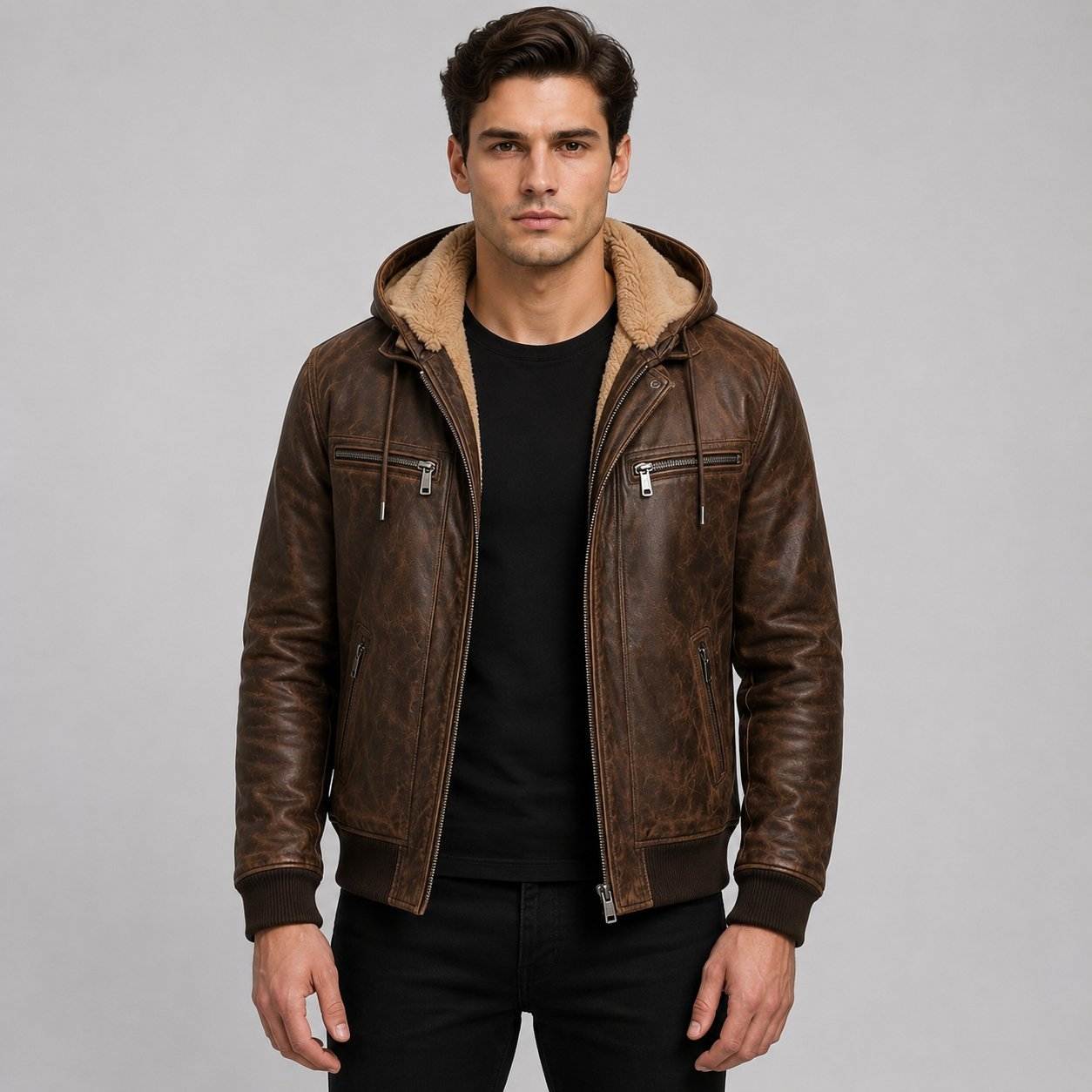 Men Brown Genuine Leather Hooded Bomber Jacket – Premium Winter Coat front view by avanzar leather