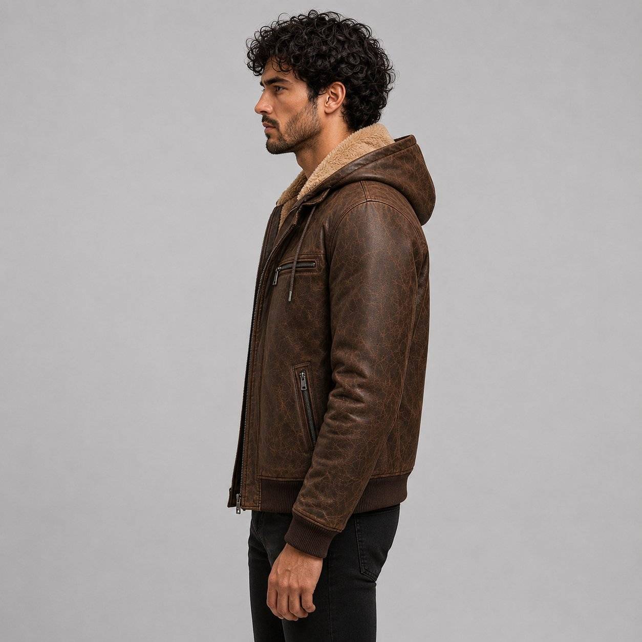 Men Brown Genuine Leather Hooded Bomber Jacket – Premium Winter Coat sid view by avanzar leather