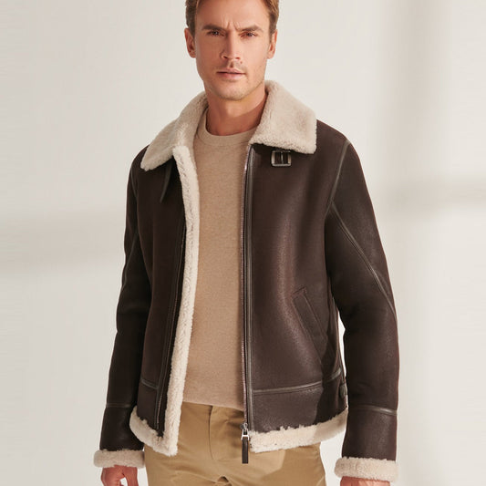 Men's Brown Pilot Shearling Leather Aviator Jacket