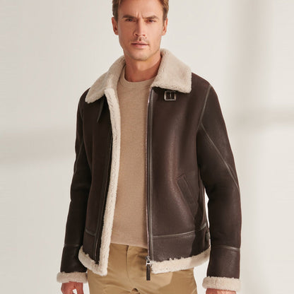 Real Men's Brown Pilot Shearling Leather Aviator Jacket