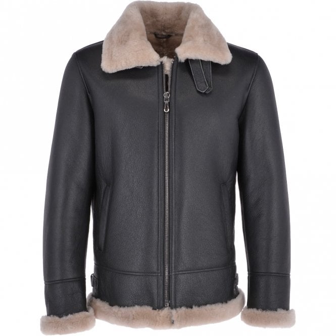 Men’s Brown Shearling Real Black Leather Bomber Jacket