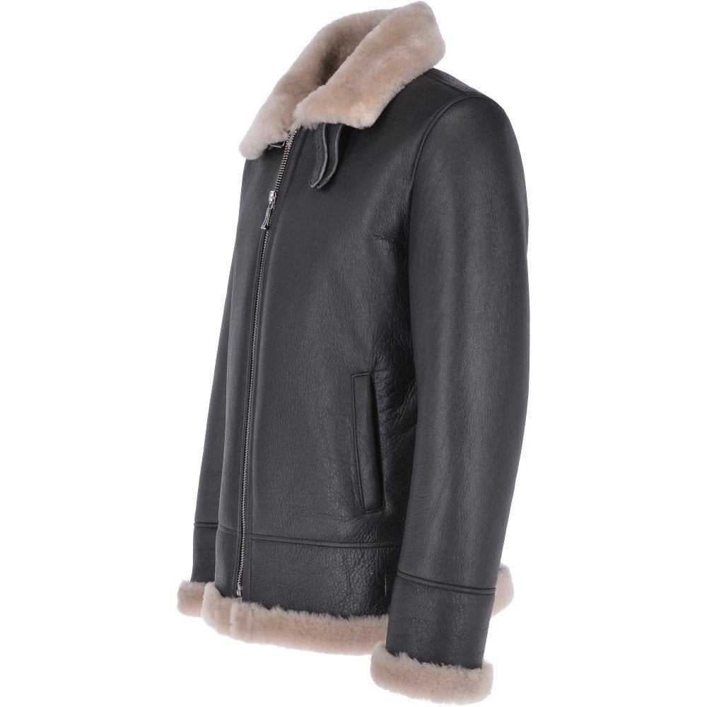 Men’s Brown Shearling Real Black Leather Bomber Jacket